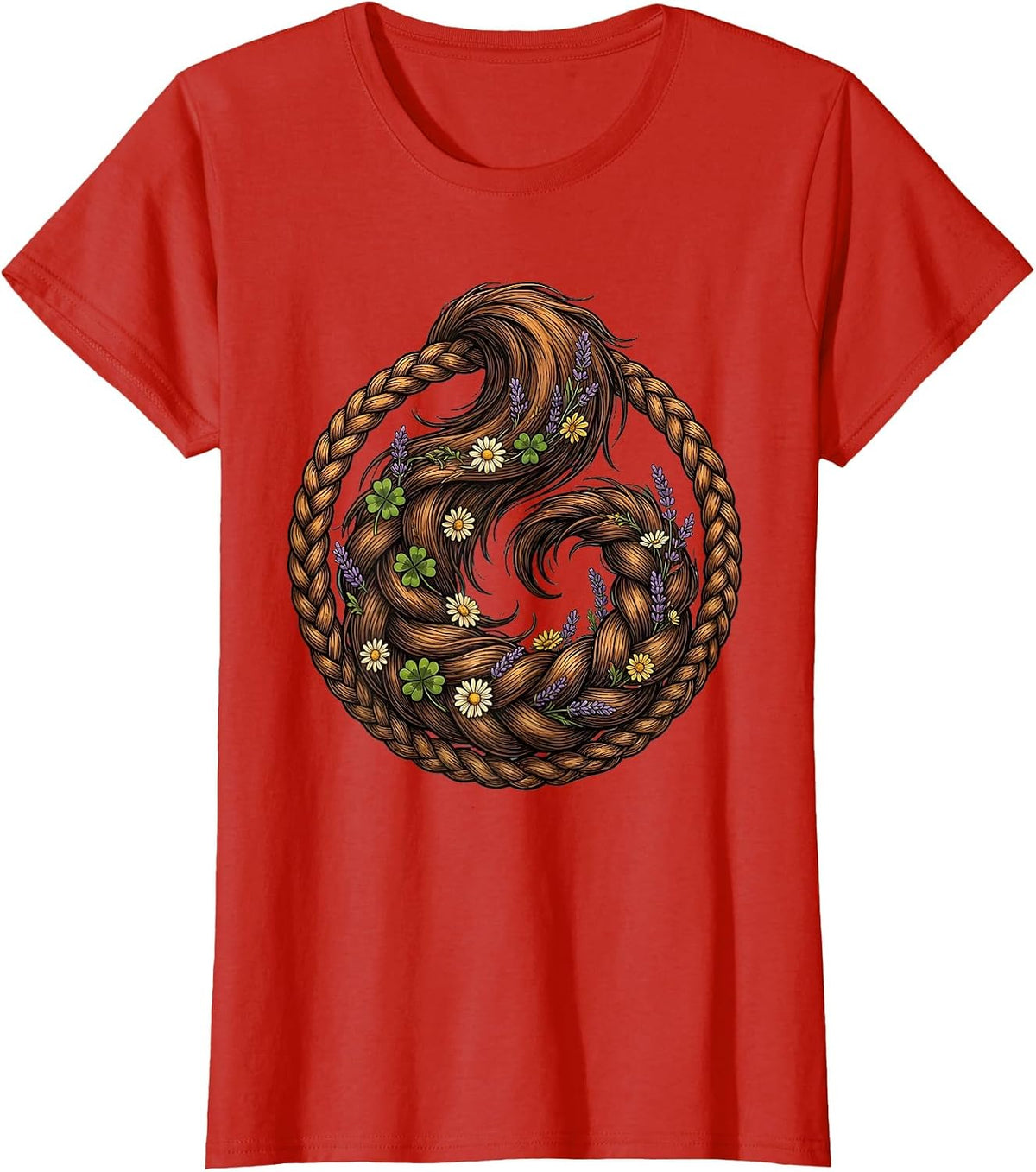 Braided Horse Tail with Wildflowers Illustration T-Shirt - Red