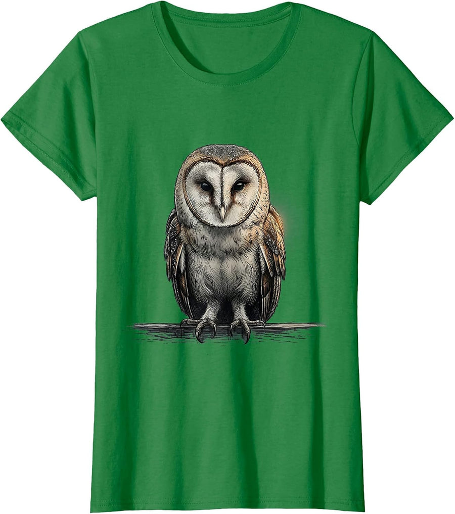 Women's Barn Owl Monochrome Bird Lover Vintage Nature Illustration T-Shirt - Kelly Green