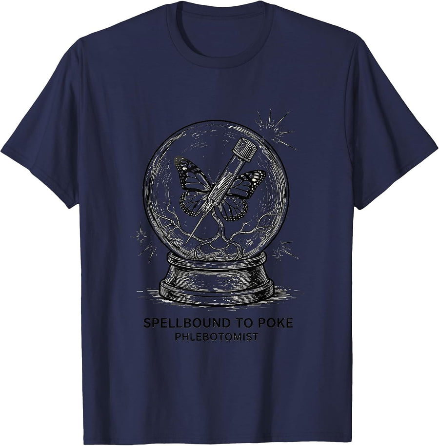 Spellbound to Poke Phlebotomist Funny Halloween Nurse T-Shirt - Navy Blue
