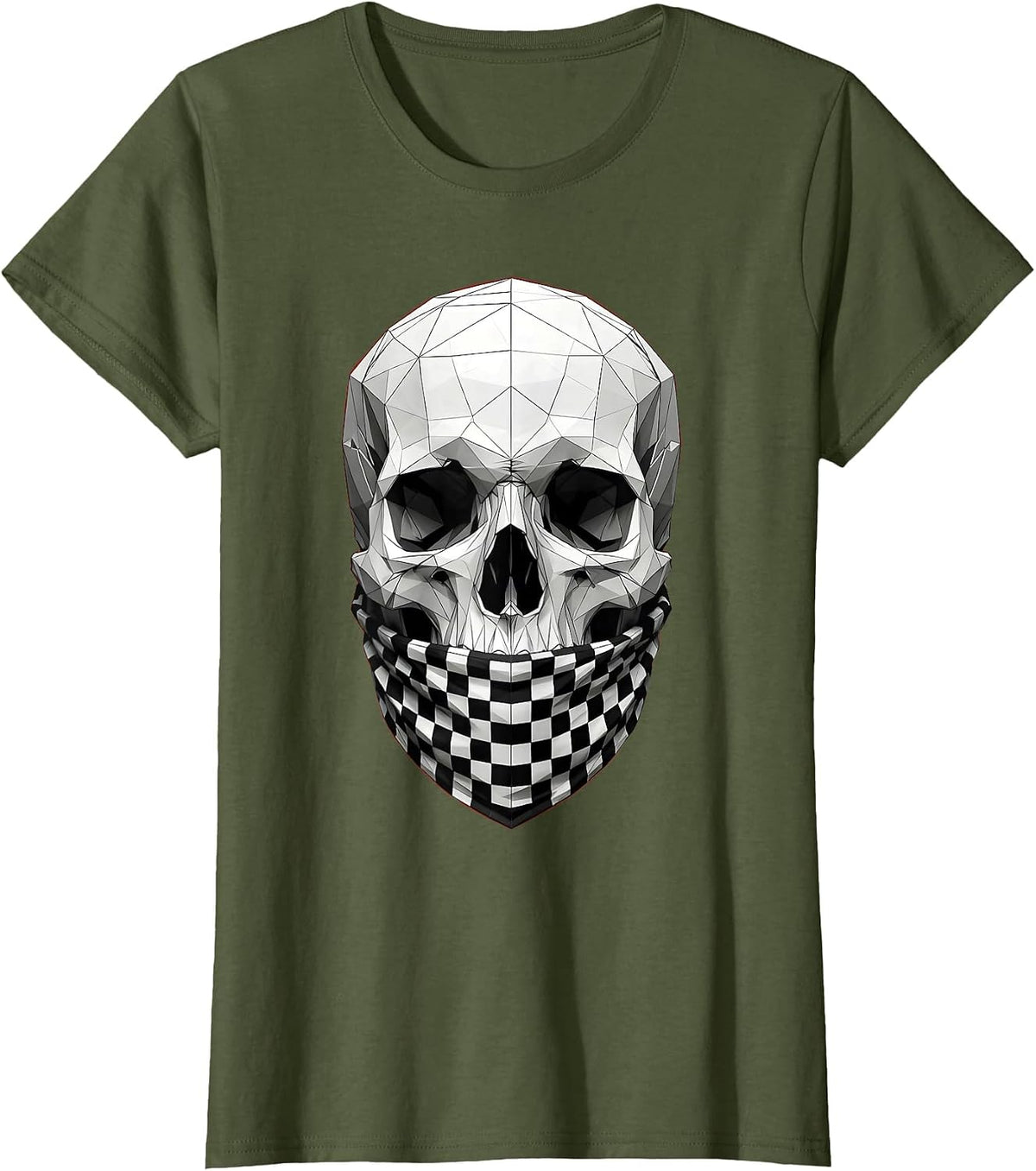 Women's Skull Checkered Bandana Graphic Design T-Shirt - Olive Green
