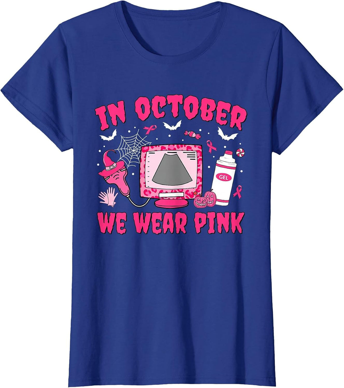 in October We Wear Pink Sonographer Leopard Breast Cancer T-Shirt - Royal Blue