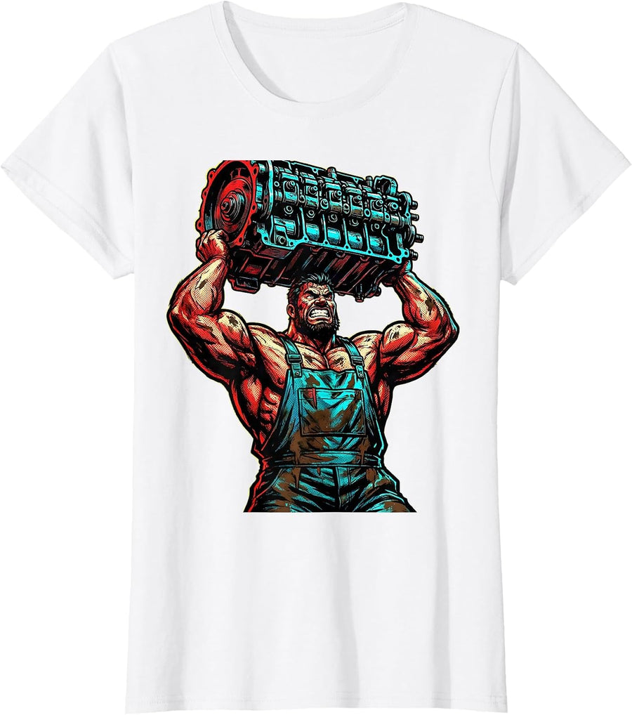 Women's Burly Mechanic Carrying Transmission Block T-Shirt - White