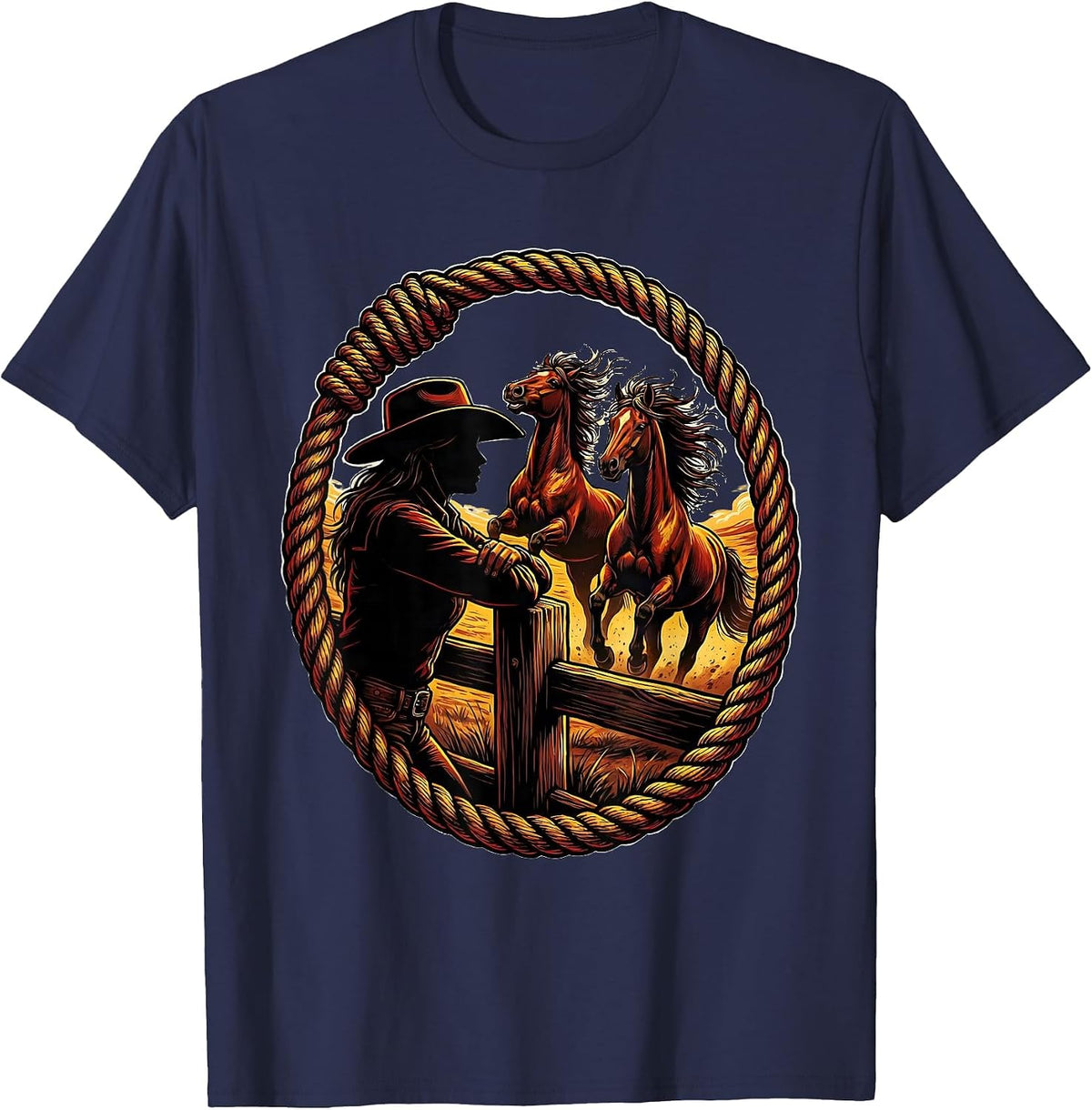 Men's Wild Horse Watcher Cowboy Fence Illustration T-Shirt - Navy Blue
