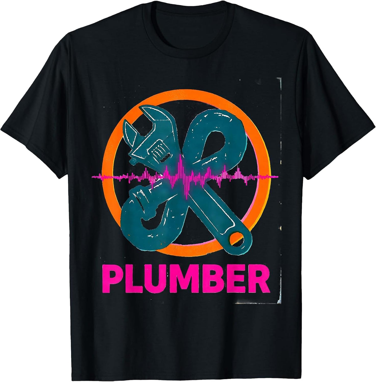Men's Plumber Risograph Heartbeat Pulse Line Profession Identity T-Shirt - Black
