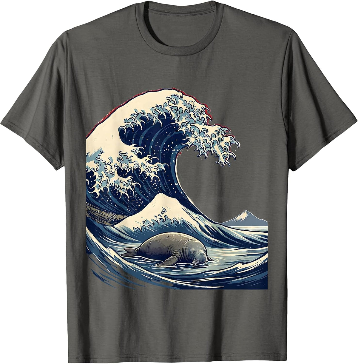 Men's Great Wave Manatee Japanese Art Animal Meme Humor T-Shirt - Asphalt Grey