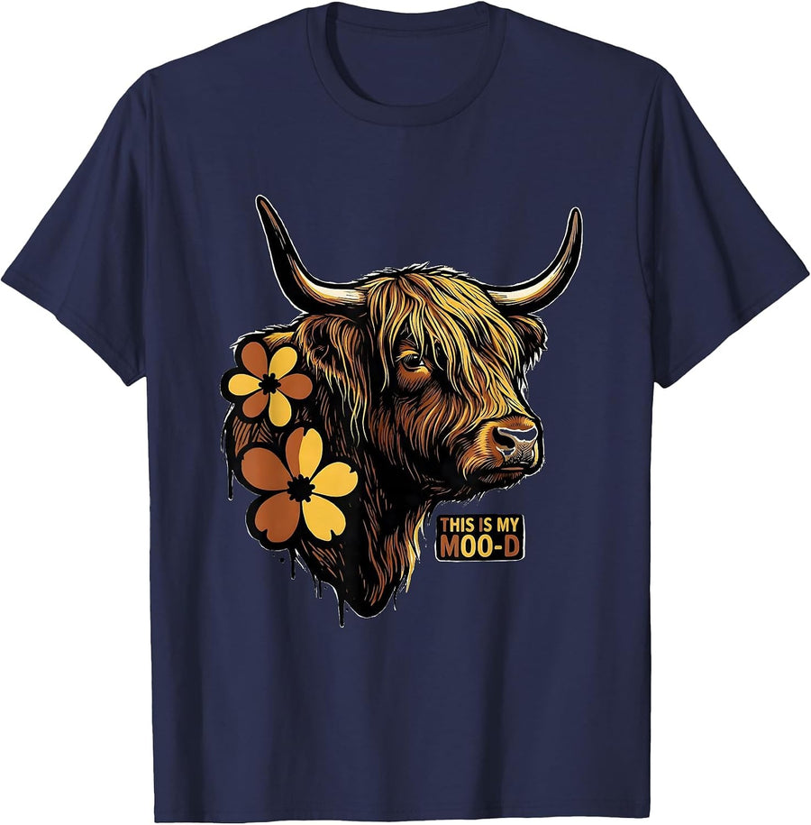 This Is My Moo-d Funny Highland Cow Farm Humor Flower Lover T-Shirt - Navy Blue