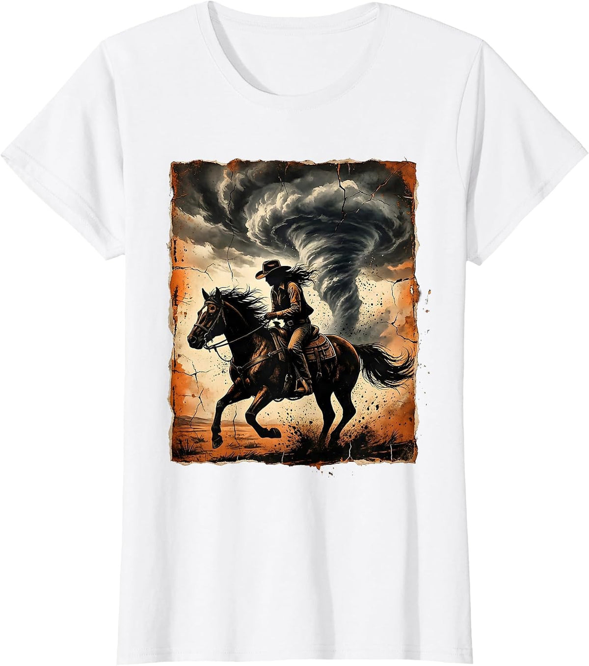 Women's Cowgirl Silhouette Riding Into Storm Clouds T-Shirt - White