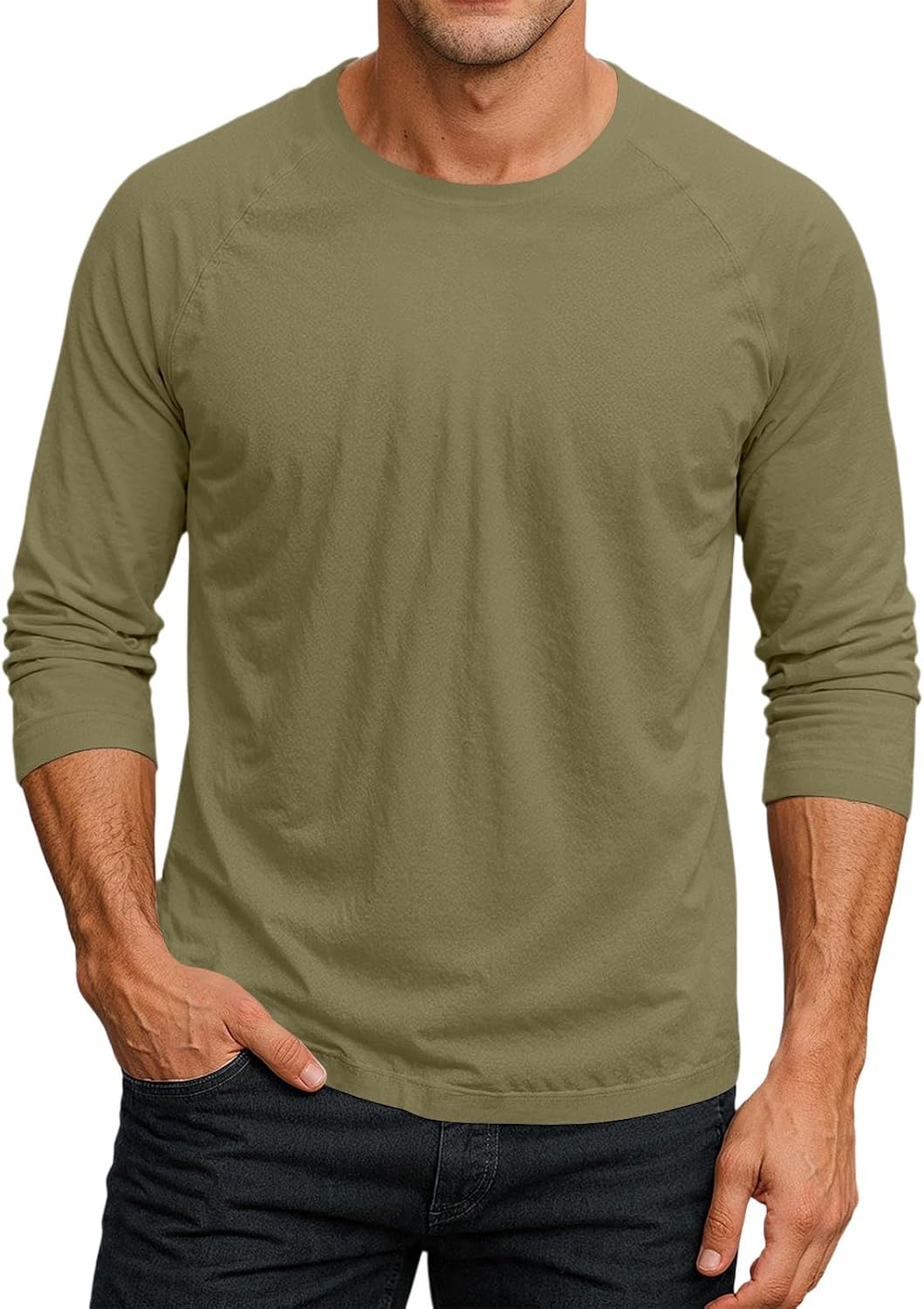 Mens Raglan 3/4 Sleeve Crewneck T-Shirt Solid Casual Fashion Sporty Jersey Baseball Tee Top - 01 Green