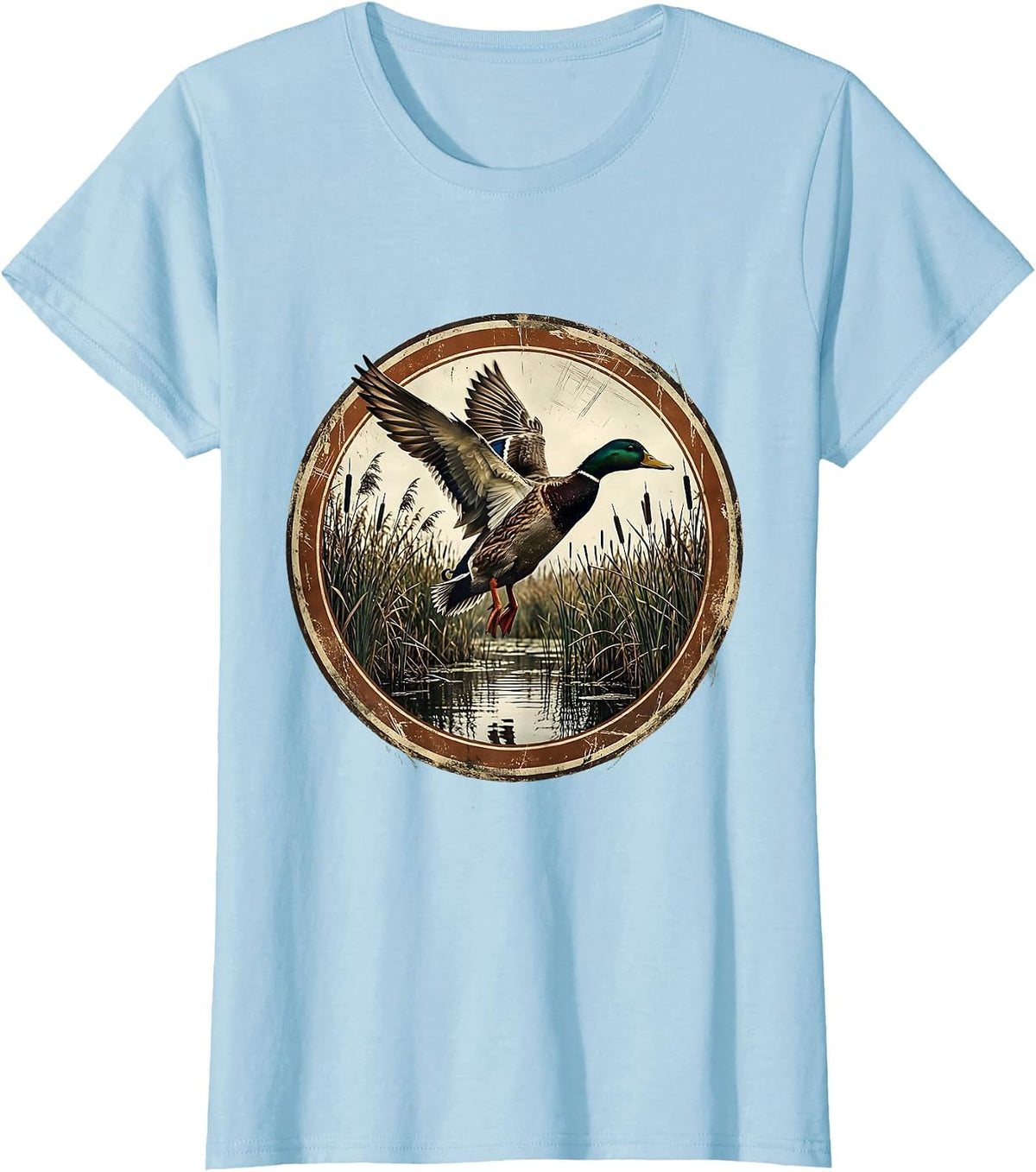 Duck Flying Over Marsh Reeds Hunting Graphic T-Shirt - Baby Blue