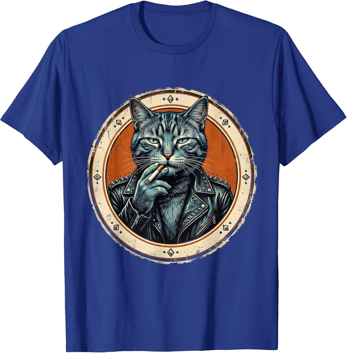 Cool Cat in Leather Jacket Smoking Illustration T-Shirt - Royal Blue