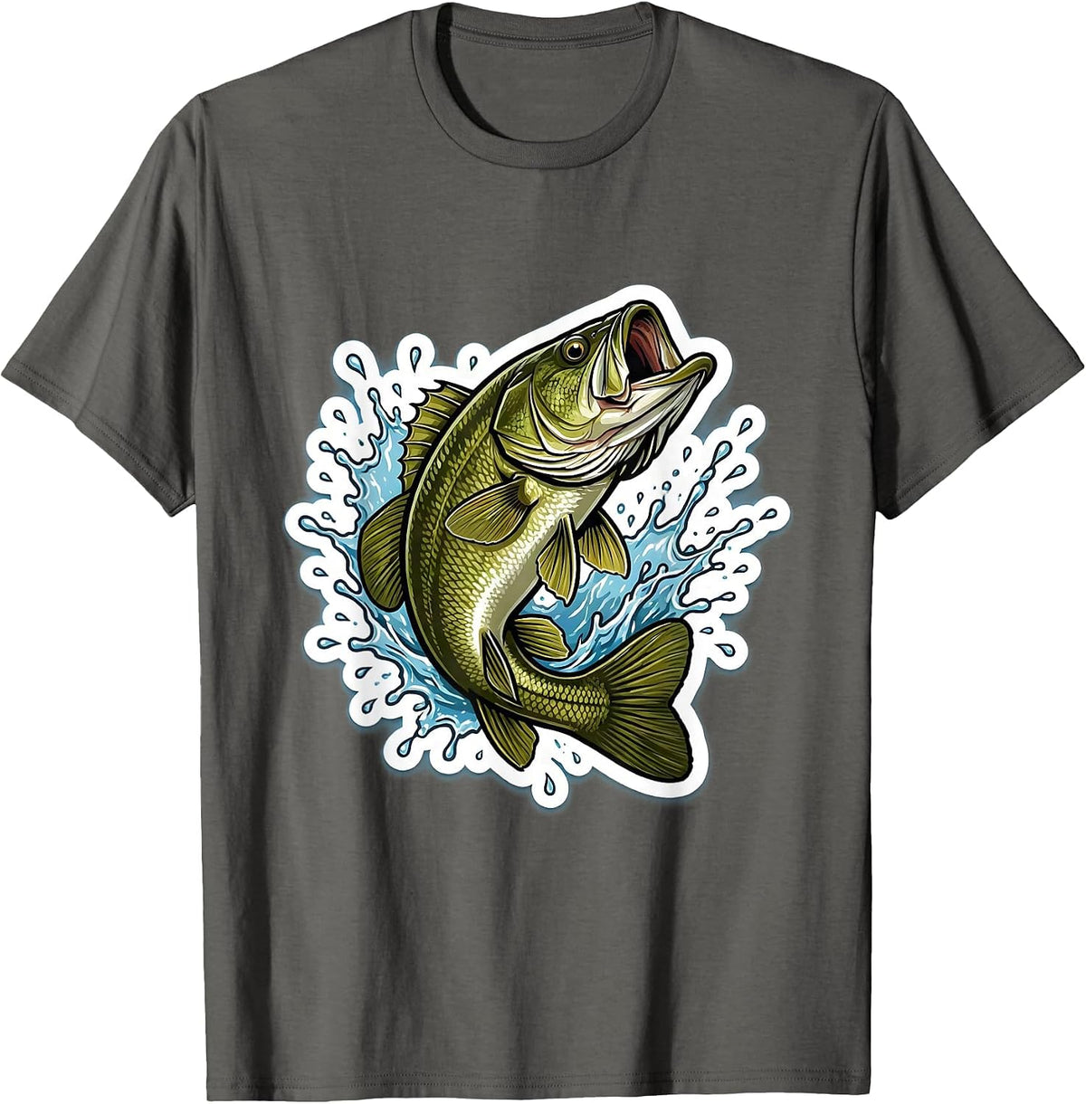 Largemouth Bass Leaping Fishing Graphic T-Shirt - Asphalt Grey
