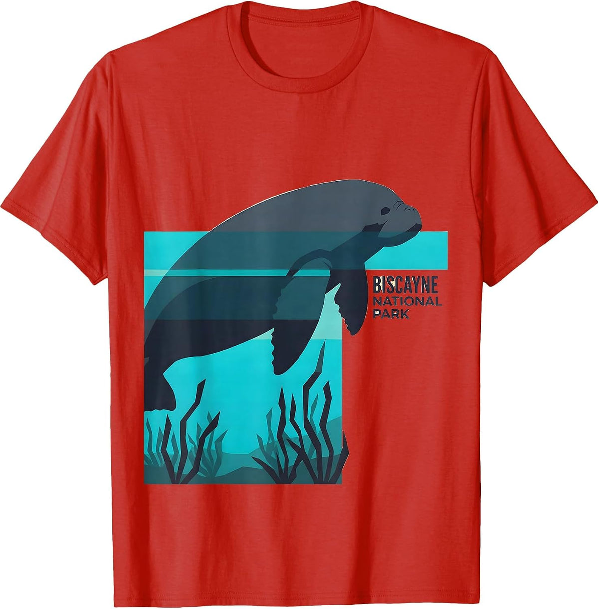 Men's Biscayne National Park Retro Flat Vector Manatee Wildlife T-Shirt - Red