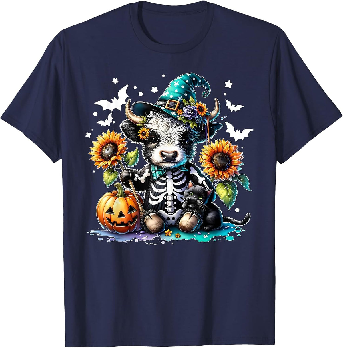 Highland Cow Witch Skeleton Halloween Sunflower Pumpkin Fall T-Shirt - Navy Blue
