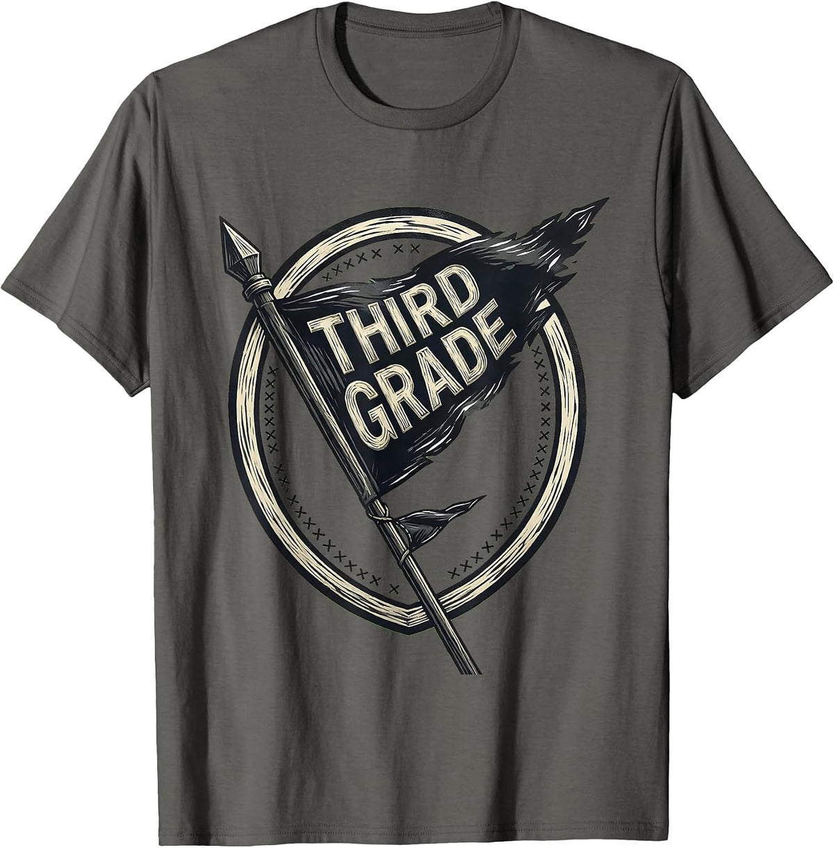 Men's Third Grade Linocut Shield Pennant Back to School Teacher T-Shirt - Asphalt Grey