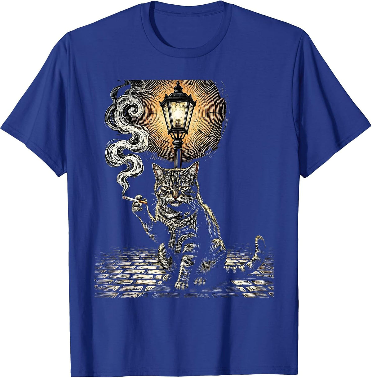 Men's Alley Cat Smoking Under Streetlamp Illustration T-Shirt - Royal Blue