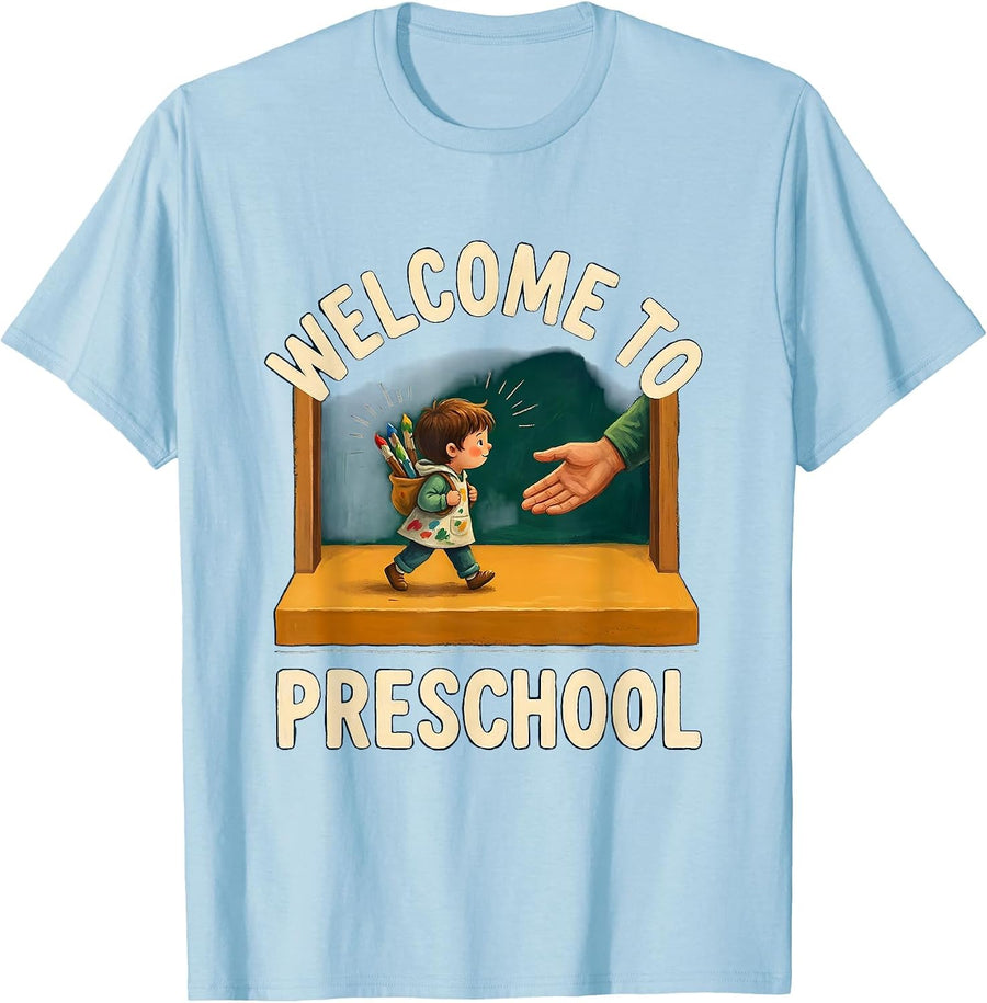 Men's Welcome To Preschool Storybook Early Childhood Teacher Back T-Shirt - Baby Blue