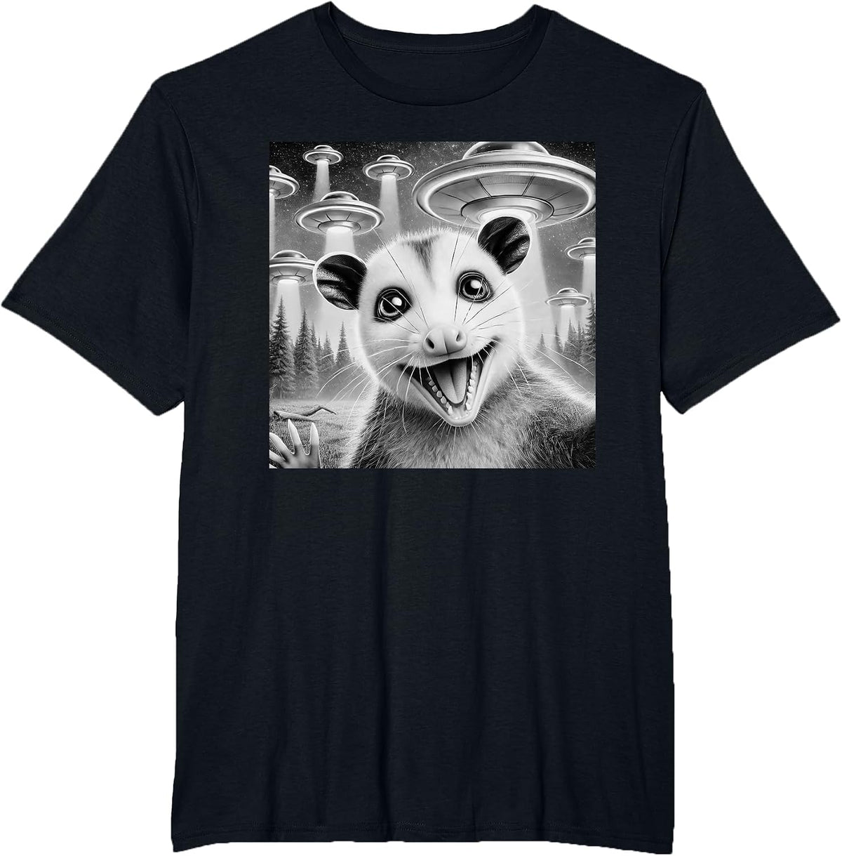 Opossum Selfie with Alien UFO Meme Men Women Kids T-Shirt - Black