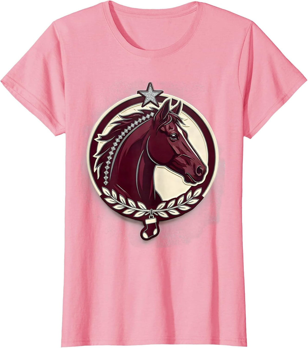 Women's Horse Head Seal Sparkle Varsity Horse Lover Christmas Pajama T-Shirt - Pink