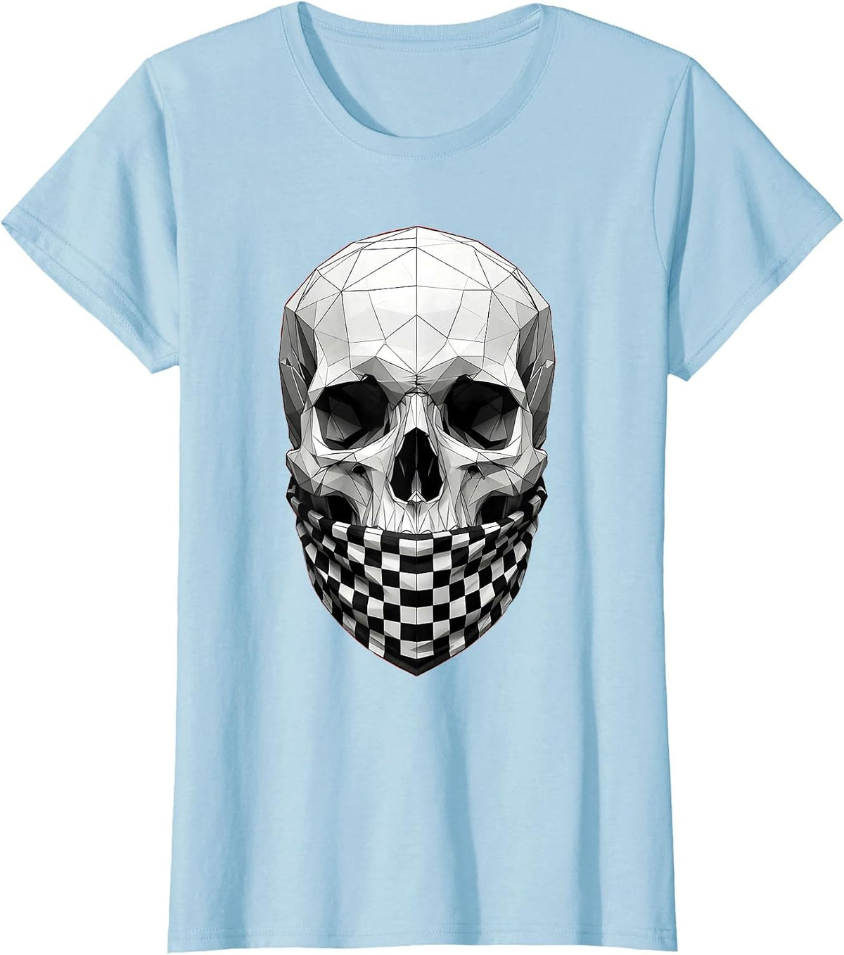 Women's Skull Checkered Bandana Graphic Design T-Shirt - Baby Blue