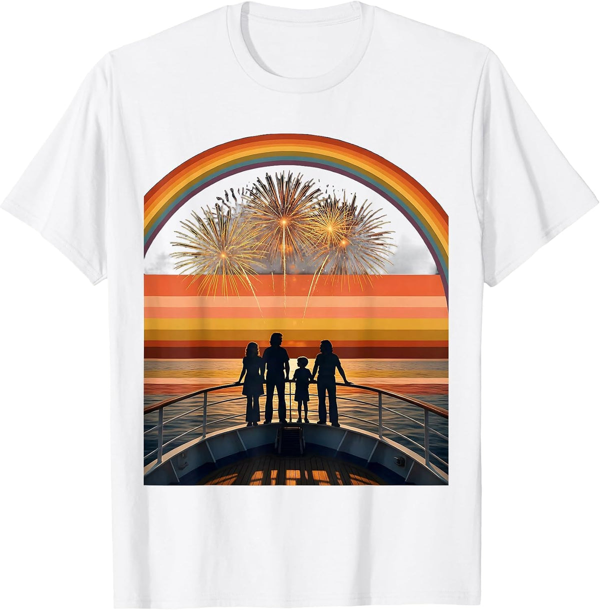 Family Cruise Fireworks Silhouette Over Water T-Shirt - White