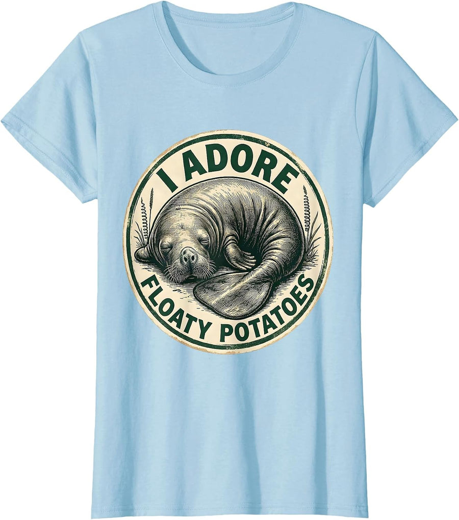 Women's I Adore Floaty Potatoes Vintage Manatee Lover Humor T-Shirt - Baby Blue
