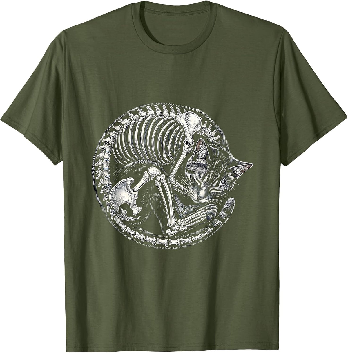 Men's Cat Skeleton Curled Sleeping Radiology X-Ray Art T-Shirt - Olive Green