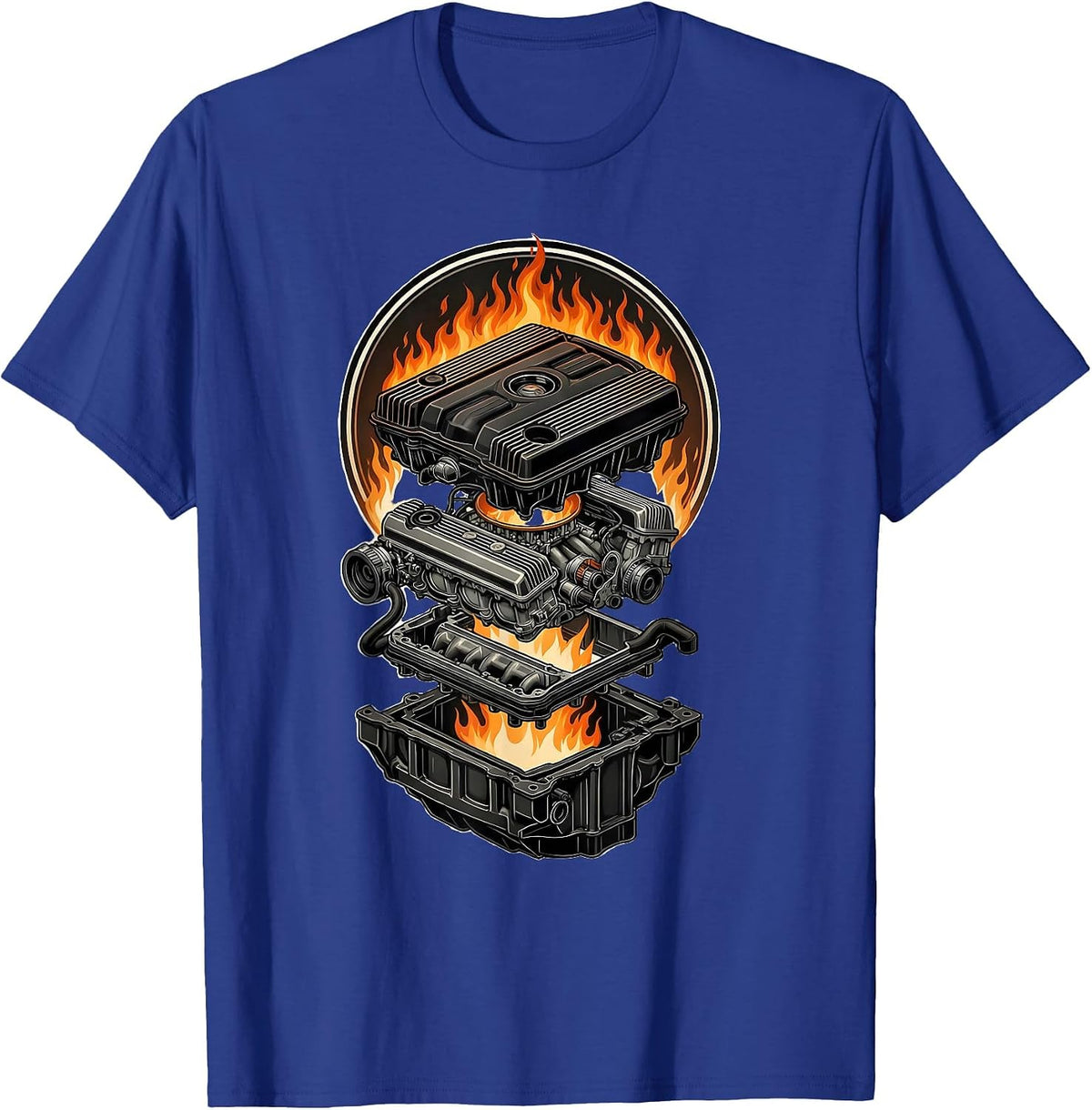 Flaming Car Engine Graphic Tee T-Shirt - Royal Blue