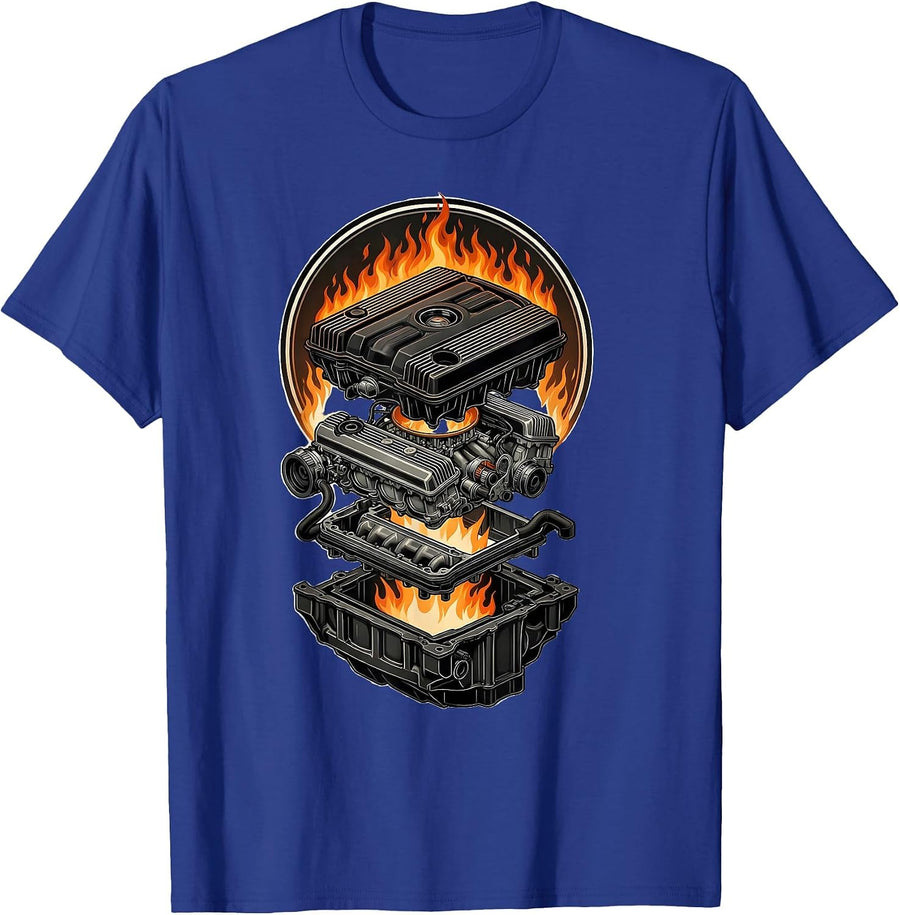 Flaming Car Engine Graphic Tee T-Shirt - Royal Blue