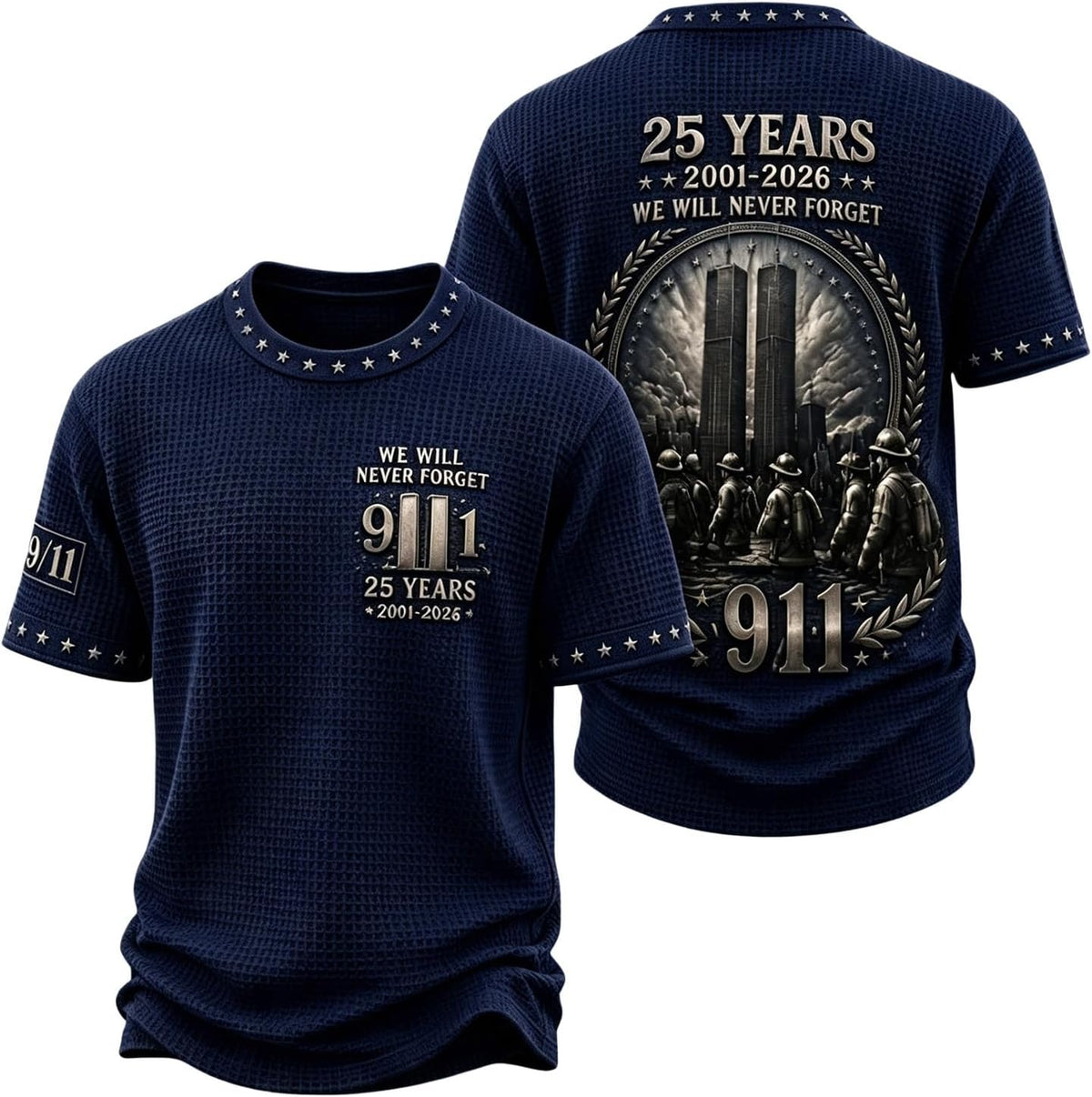 Mens 9/11 Memorial Waffle Tee Never Forget 25th Anniversary Shirt - 01-navy