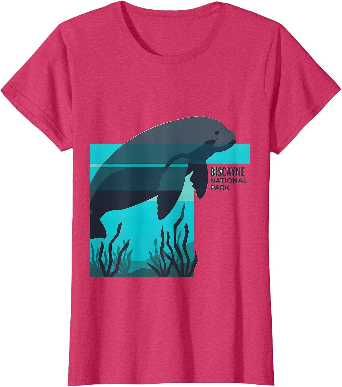 Women's Biscayne National Park Retro Flat Vector Manatee Wildlife T-Shirt - Red Heather