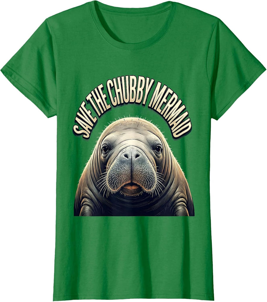 Women's Save The Chubby Mermaid Funny Manatee Lover Sea Cow Humor T-Shirt - Kelly Green