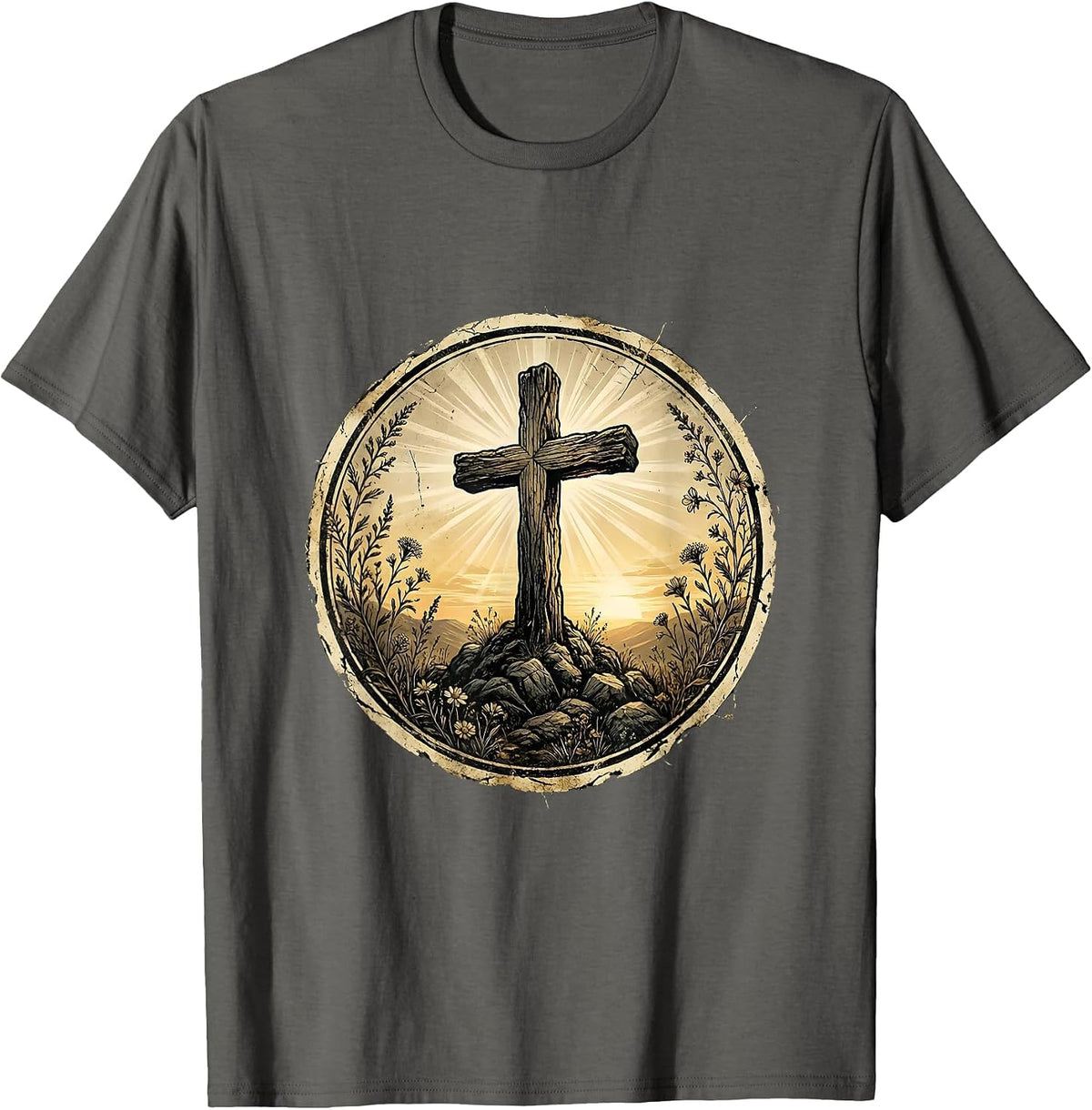 Men's Cross on Rocky Hillside at Dusk Faith Design T-Shirt - Asphalt Grey