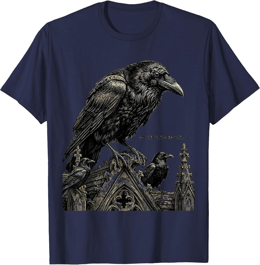 Murder On Patrol Gothic Crow Raven Dark Humor Bird Lover T-Shirt - Navy Blue