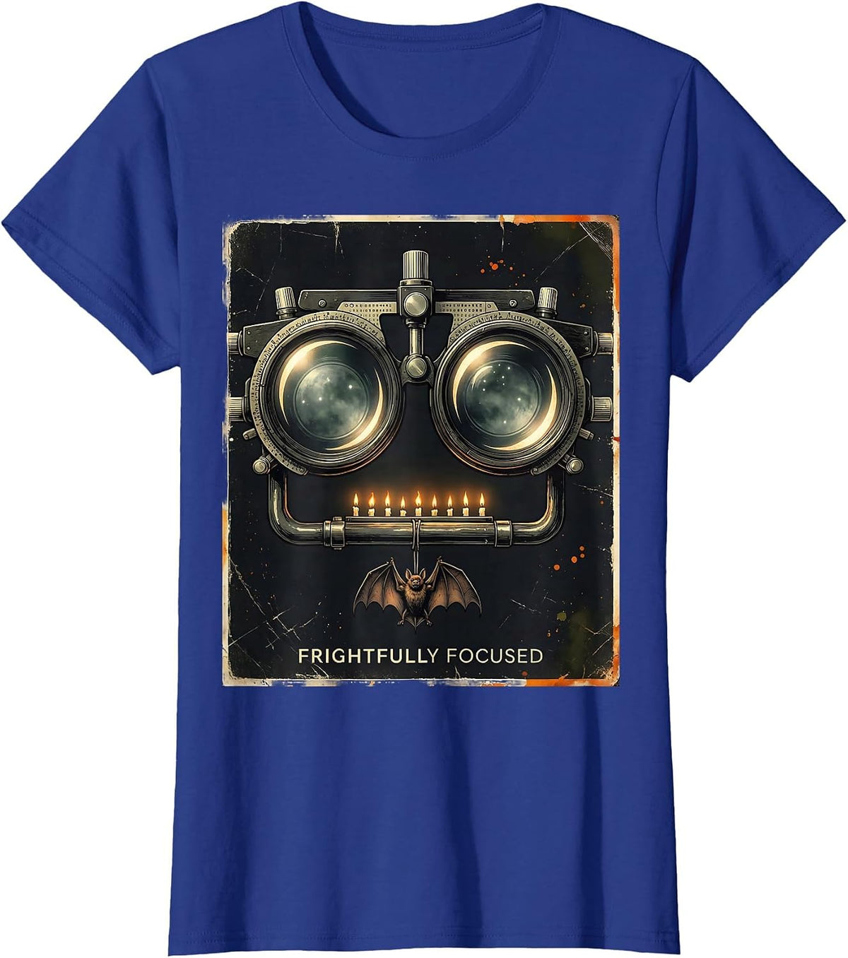 Women's Frightfully Focused Distressed Halloween Optometrist Eye T-Shirt - Royal Blue