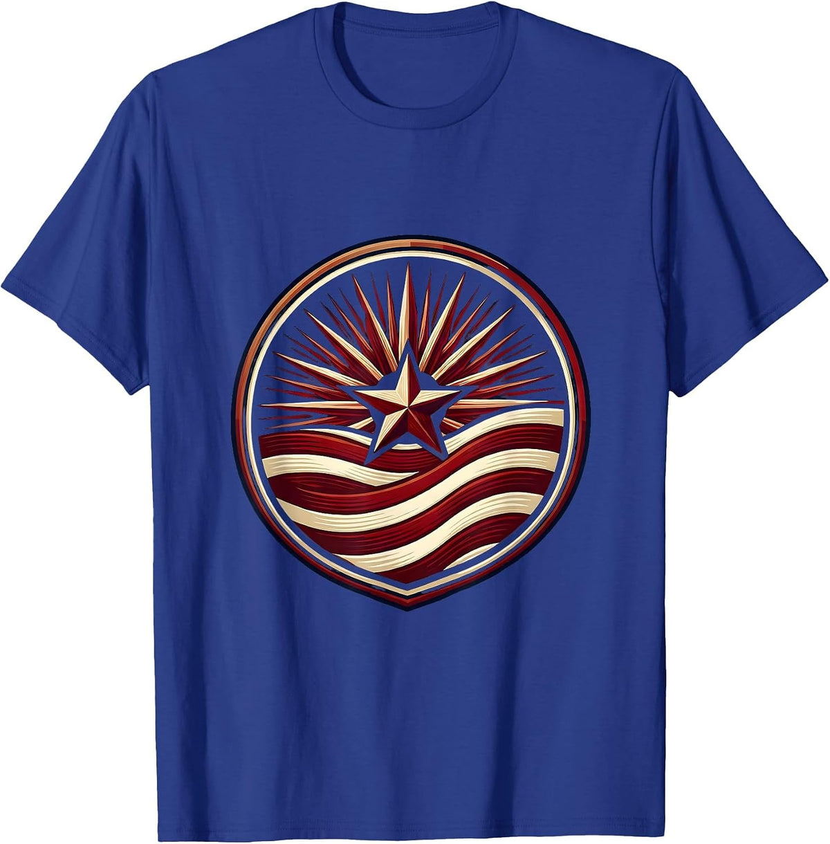 Men's Red White and Blue Sunburst Waving Flag Stripes T-Shirt - Royal Blue