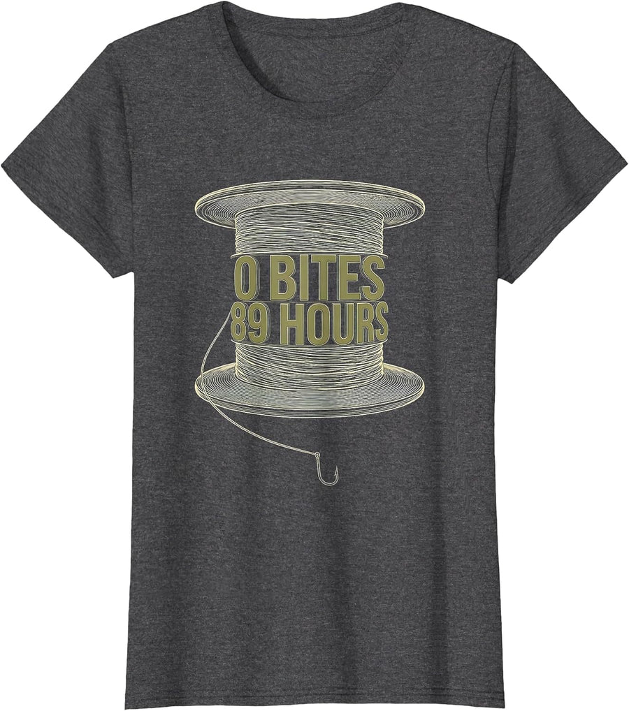 Women's 0 Bites 89 Hours Topographic Contour Bass Fishing Humor T-Shirt - Dark Heather Grey