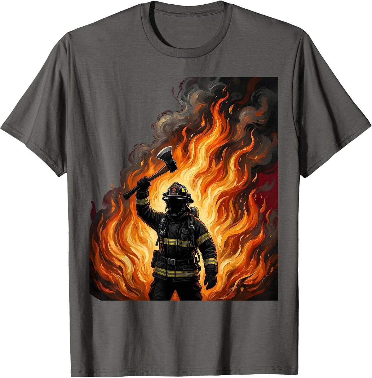Firefighter Silhouette Against Wall of Flames T-Shirt - Asphalt Grey