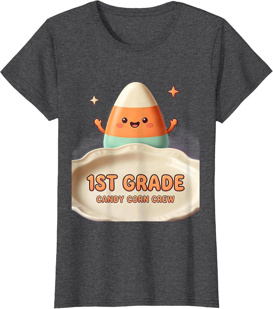 Women's 1st Grade Candy Corn Crew Cute Kawaii Halloween Teacher T-Shirt - Dark Heather Grey