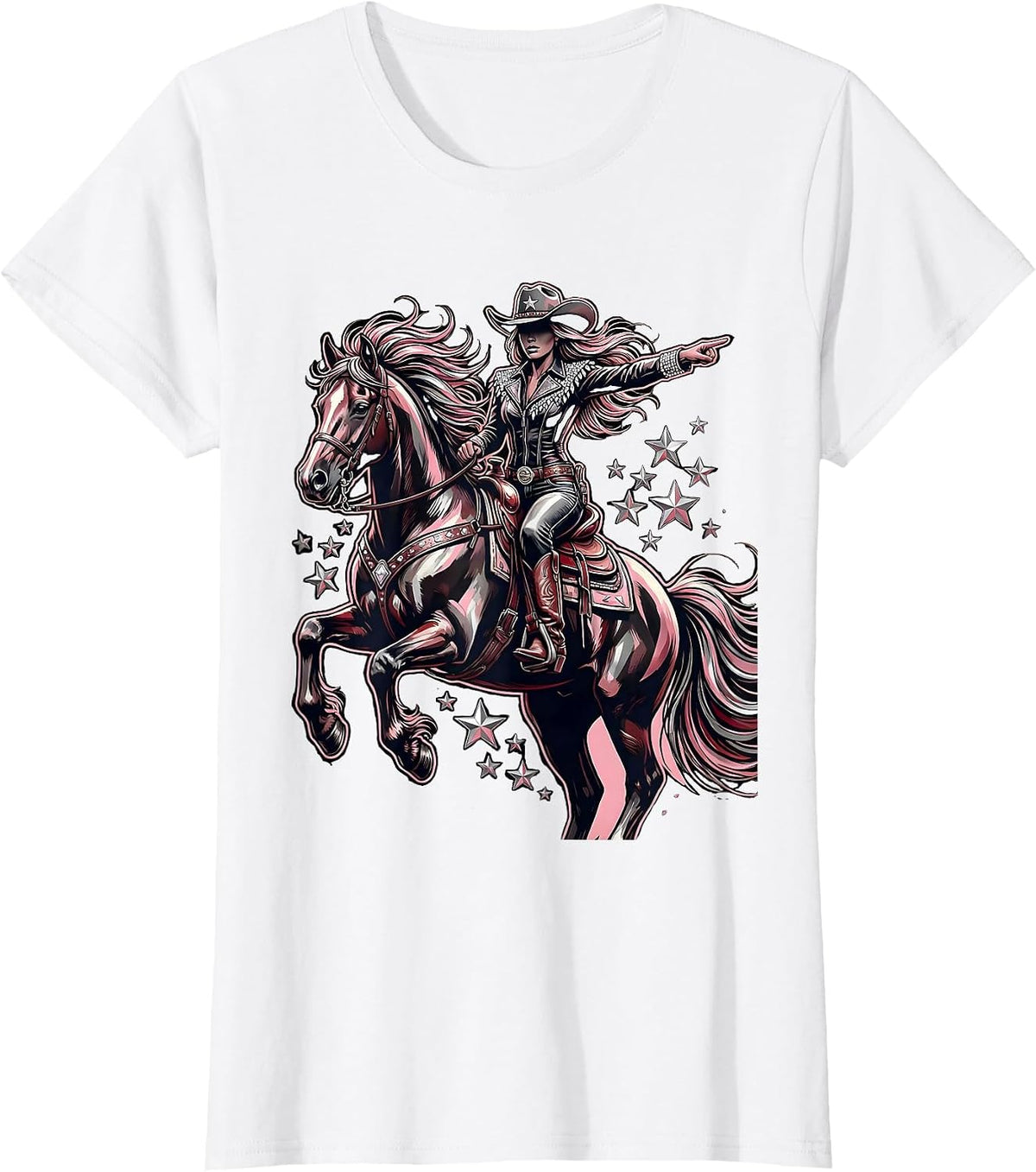 Bold Cowgirl On Horseback Western Riding Graphic T-Shirt - White