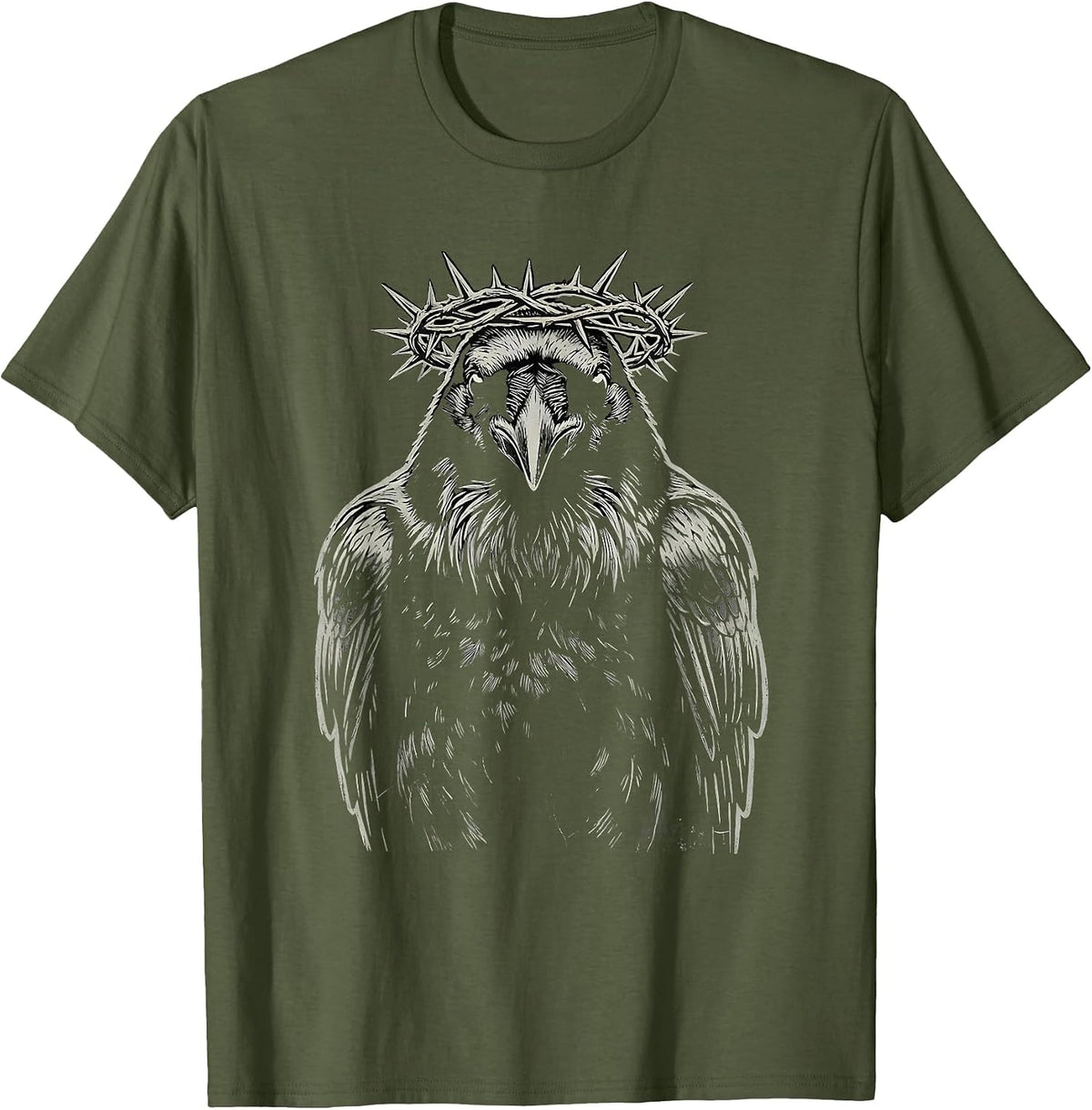 Crow With Crown of Thorns Dark Art Graphic T-Shirt - Olive Green