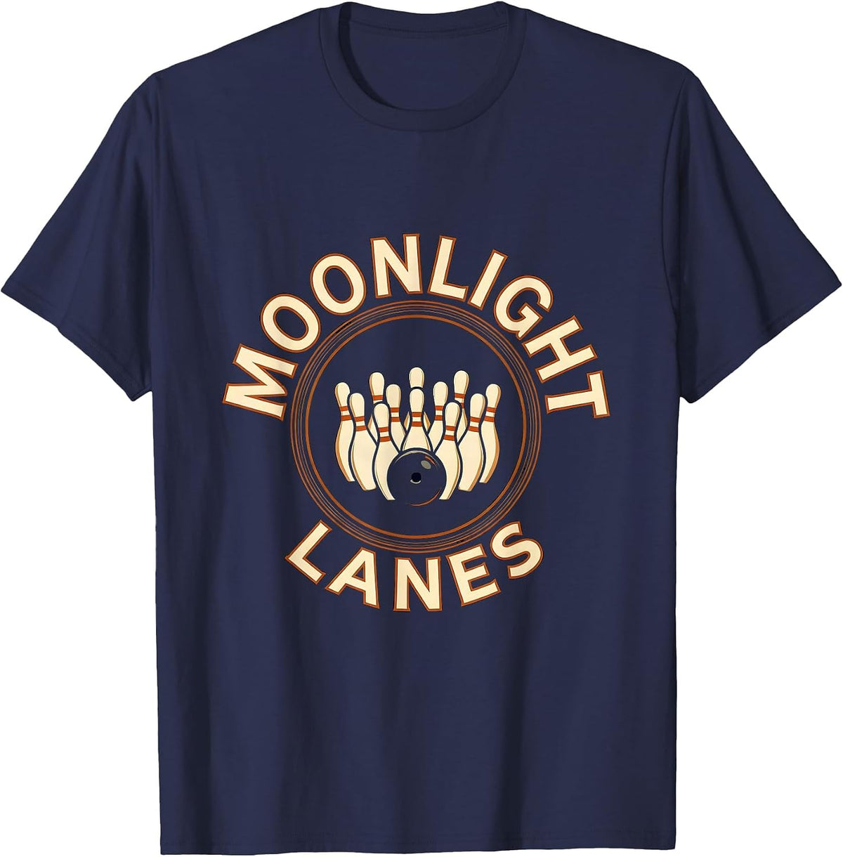 Moonlight Lanes Vintage Retro Bowling Enthusiast Graphic T-Shirt - Navy Blue