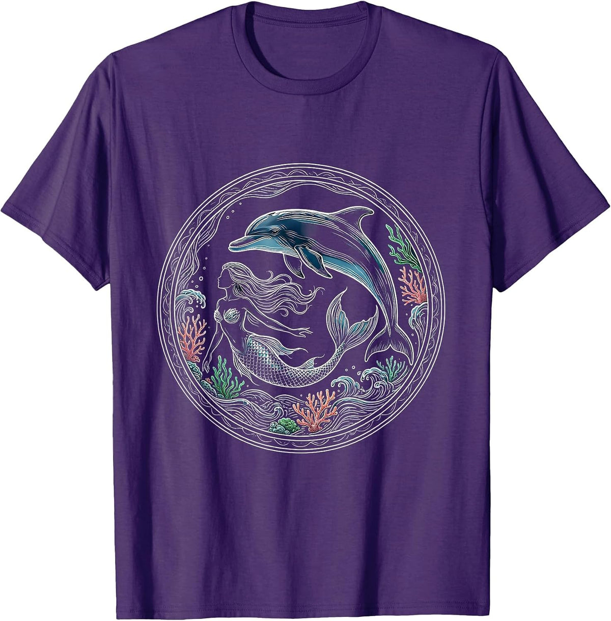 Mermaid and Dolphin Ocean Swimming Illustration T-Shirt - Purple