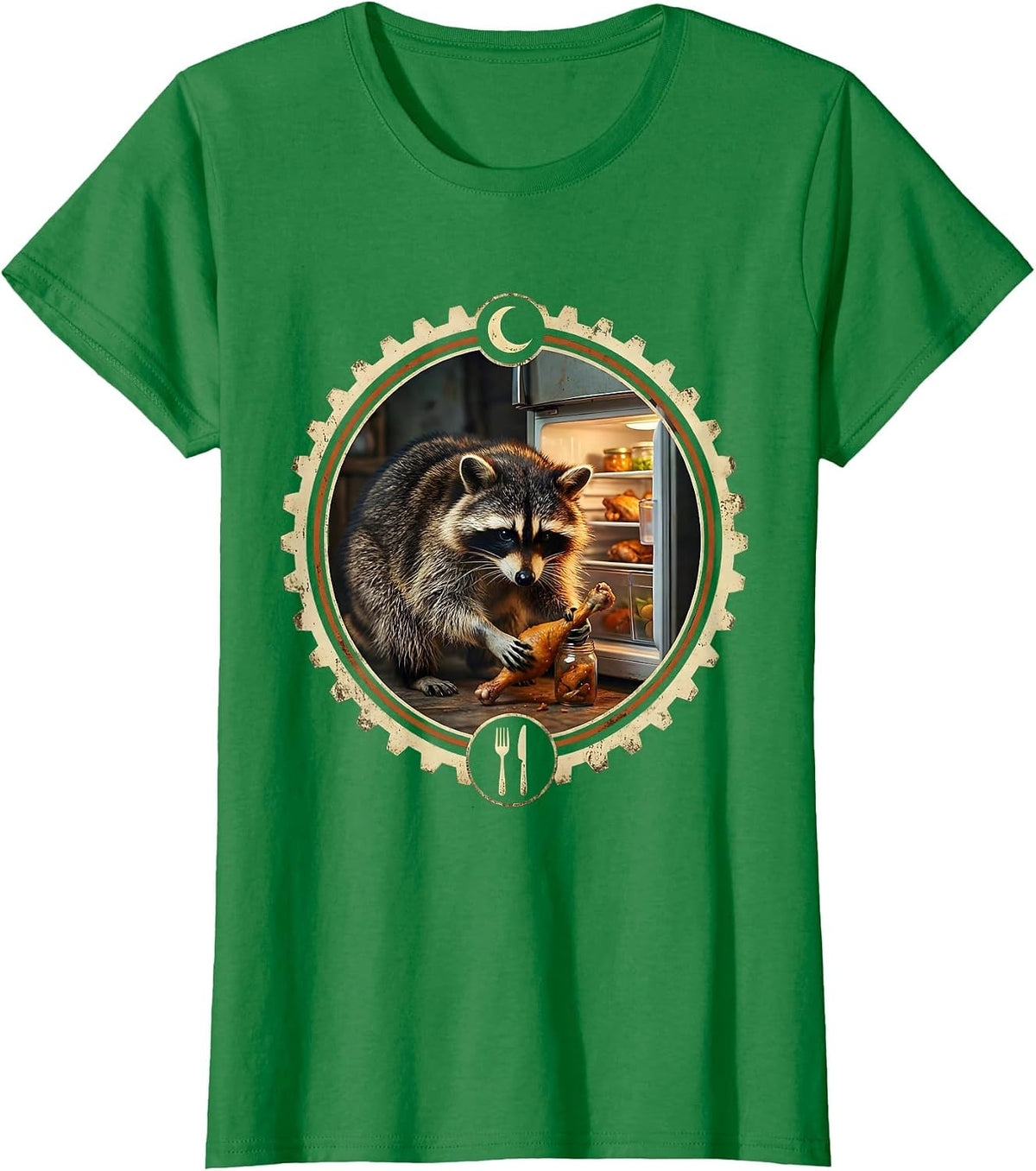 Midnight Raccoon Fridge Raid Funny Graphic Tee T-Shirt - Kelly Green