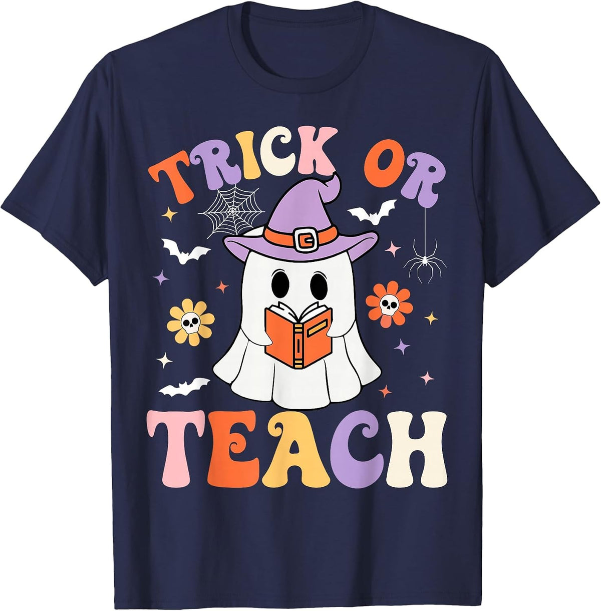 Trick Or Teach Teacher Groovy Ghost Funny Halloween Teacher T-Shirt - Navy Blue