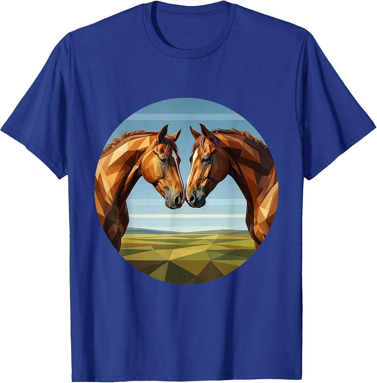 Two Horses Touching Noses Sweet Equine Art T-Shirt - Royal Blue