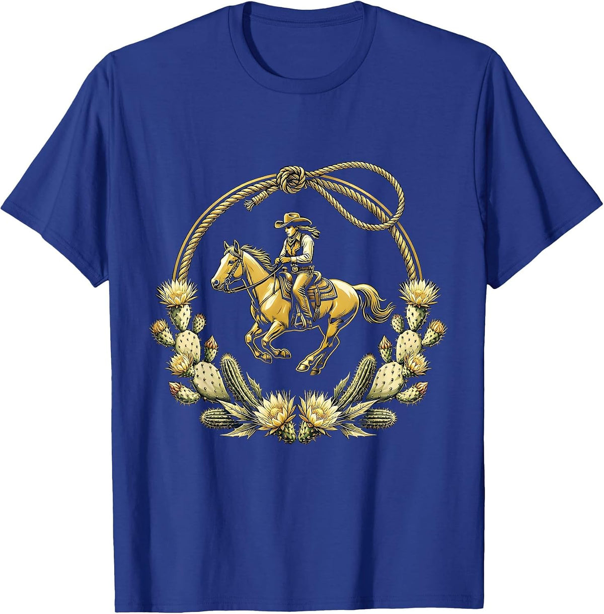 Cowgirl Riding Horse Through Desert Wildflowers T-Shirt - Royal Blue