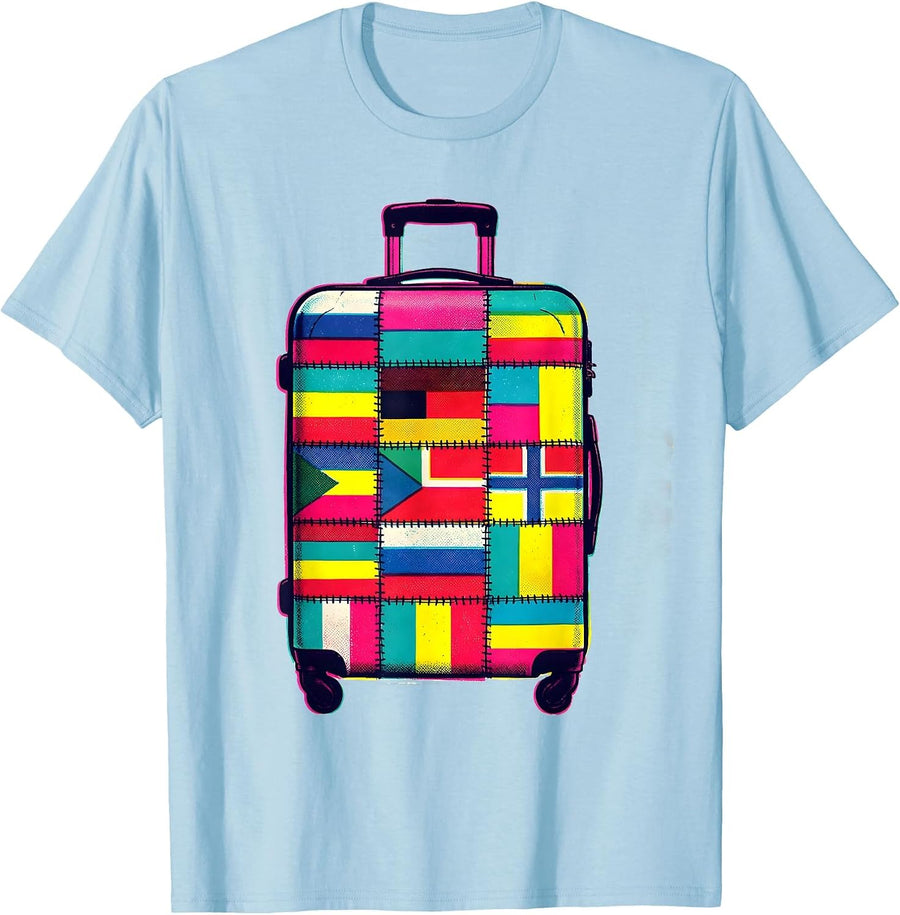 Men's Travel Suitcase Flags Global Unity Mosaic Geography Lover T-Shirt - Baby Blue