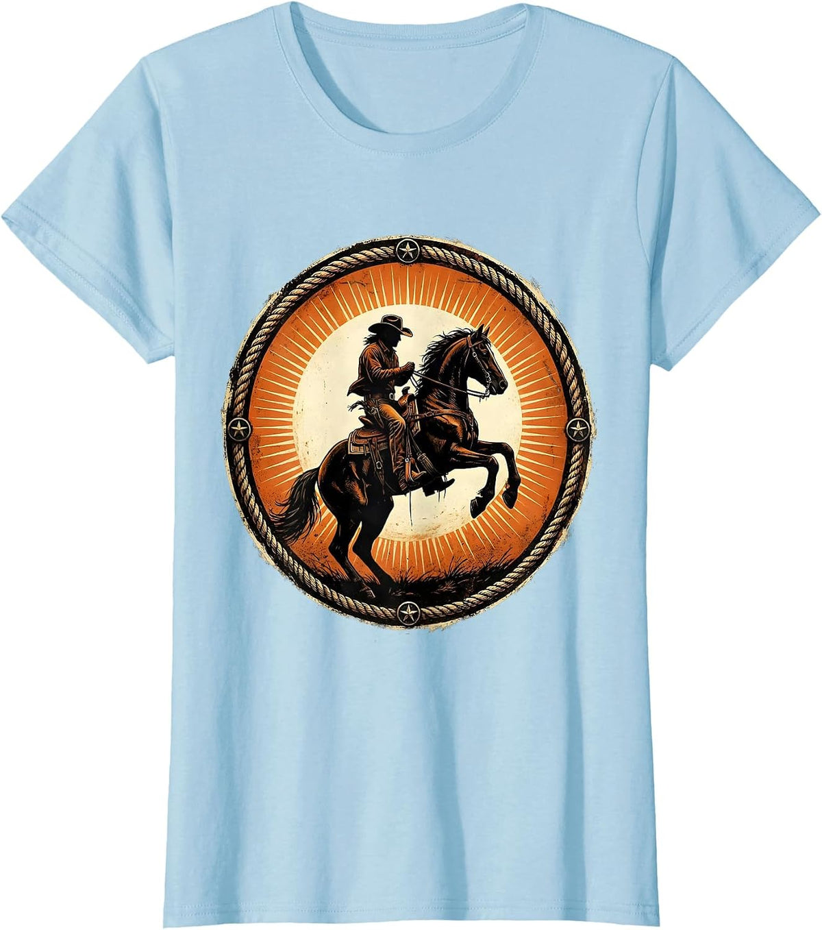 Cowboy on Rearing Horse at Dusk Illustration T-Shirt - Baby Blue