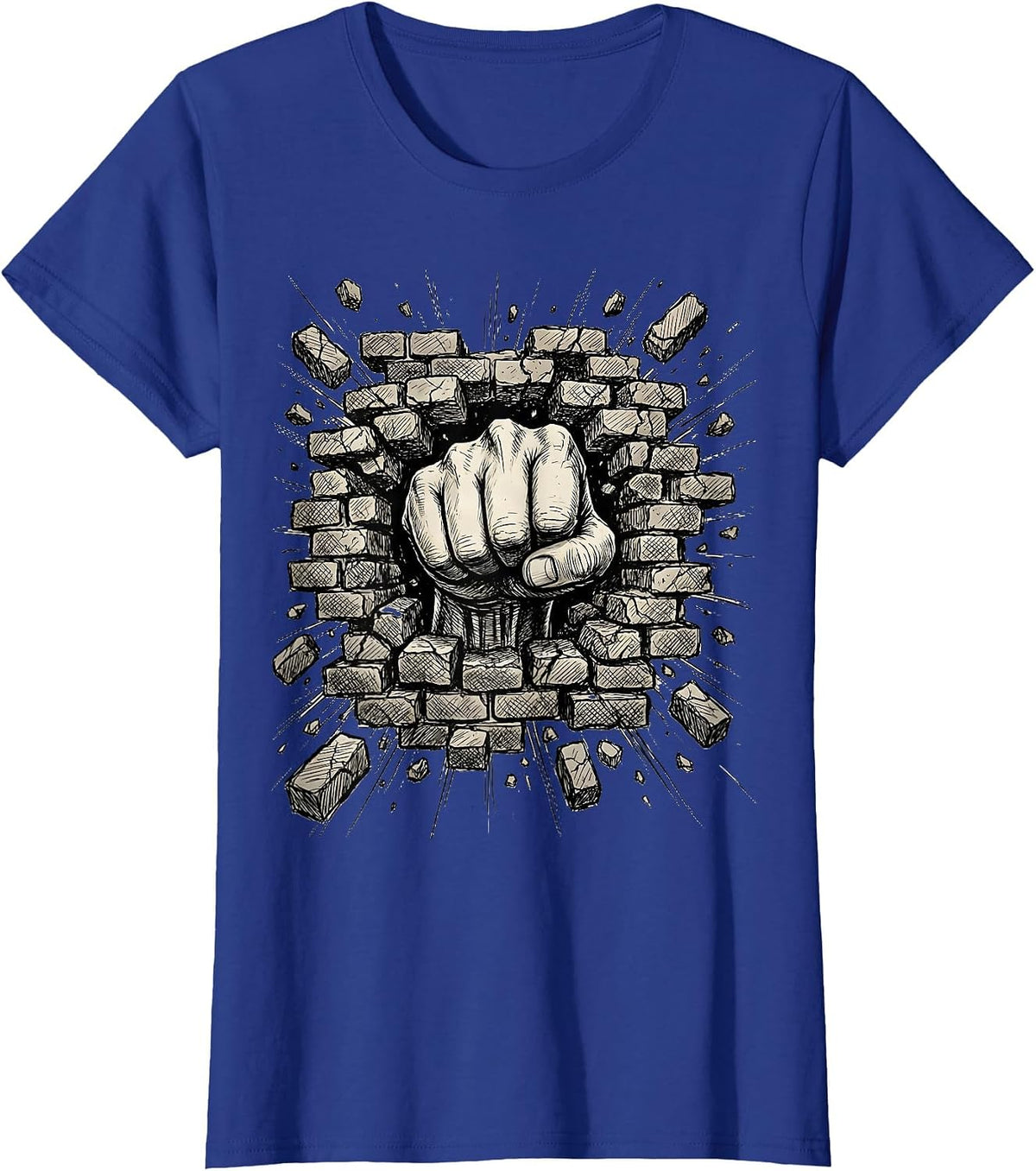 Women's Grunge Fist Through Brick Wall Graphic Tee T-Shirt - Royal Blue