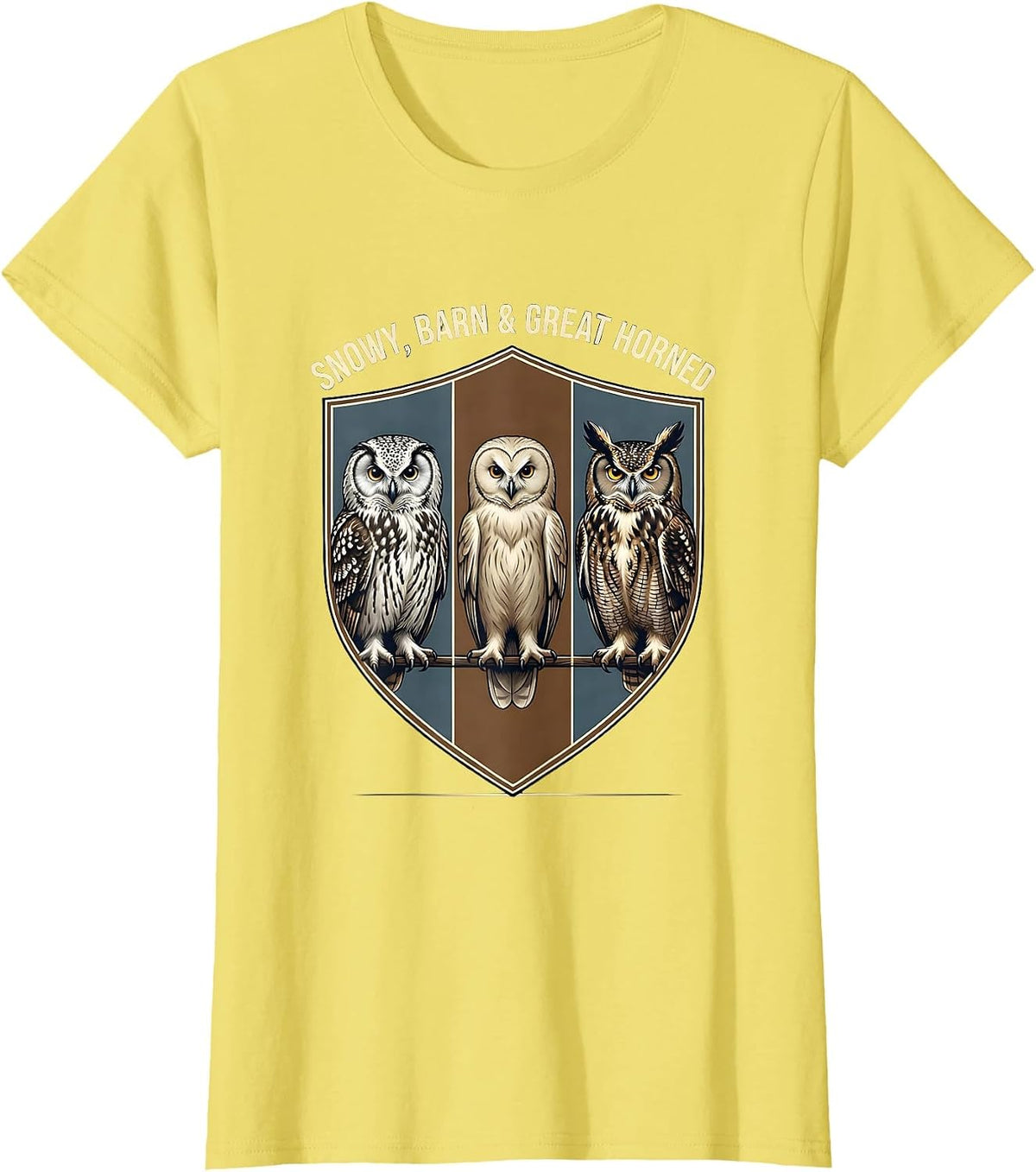Women's Snowy, Barn & Great Horned Owl Lover Birdwatcher Humor T-Shirt - Lemon Yellow